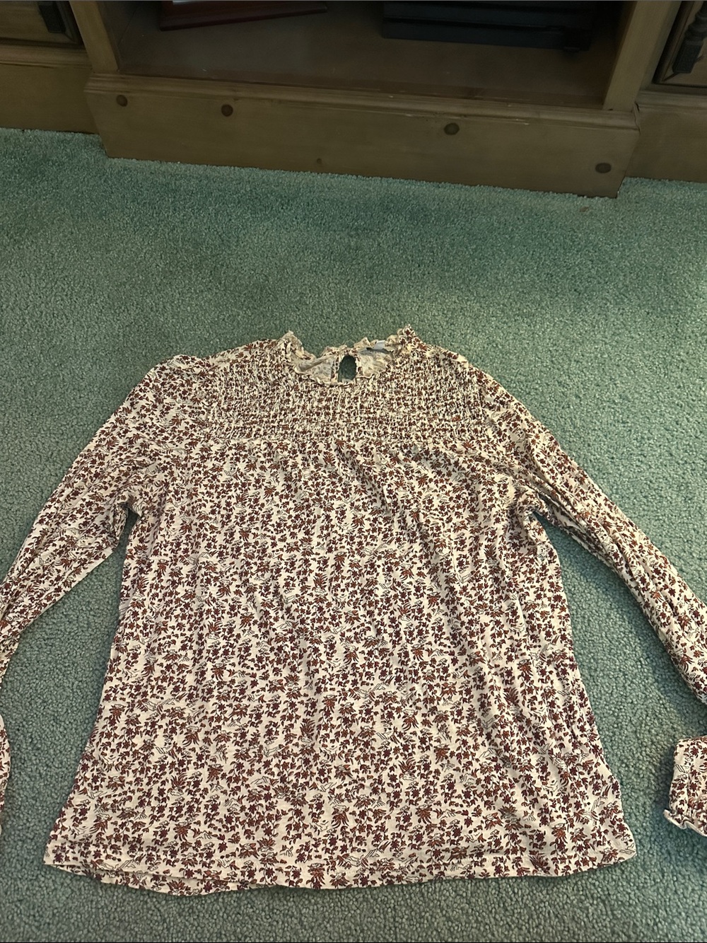 Lucky Brand Cream Long-Sleeve Smocked Floral Top with Brown Print